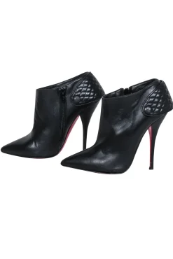 Christian Louboutin - Black Leather Pointed Toe Heeled Short Boots Sz 7