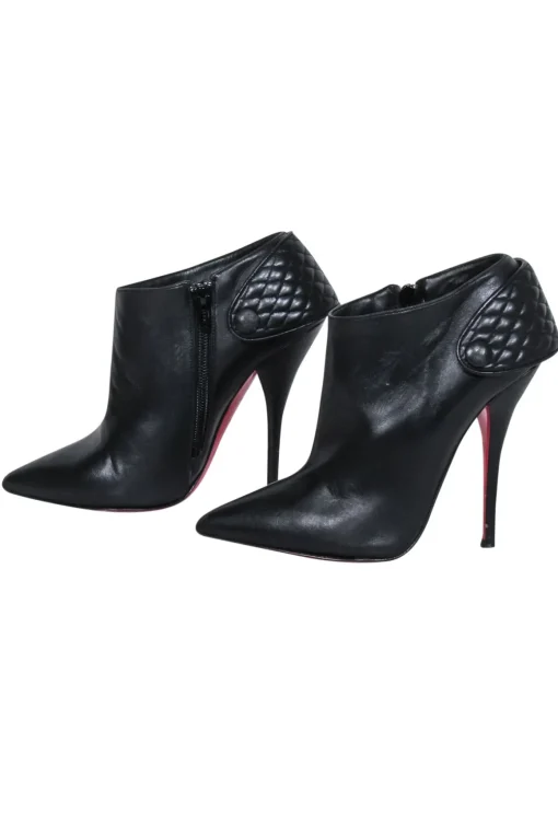 Christian Louboutin - Black Leather Pointed Toe Heeled Short Boots Sz 7