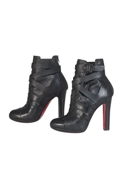 Christian Louboutin - Black Leather Wrap Around Ankle Short Boot Heels