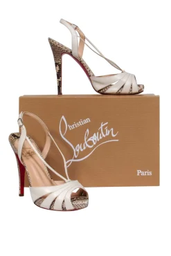 Christian Louboutin - White Leather & Snakeskin Strappy Slingback Pumps Sz 7.5