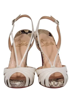Christian Louboutin - White Leather & Snakeskin Strappy Slingback Pumps Sz 7.5