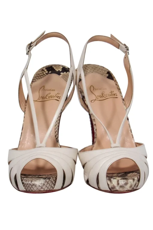 Christian Louboutin - White Leather & Snakeskin Strappy Slingback Pumps Sz 7.5