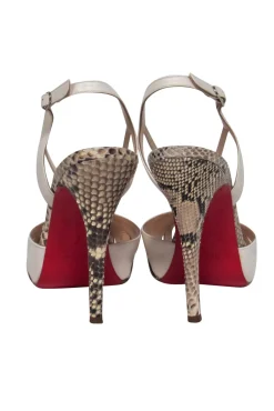 Christian Louboutin - White Leather & Snakeskin Strappy Slingback Pumps Sz 7.5
