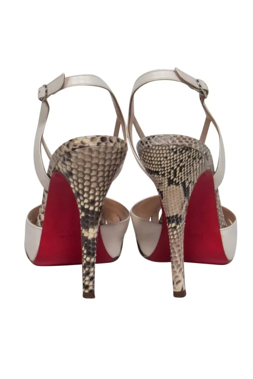 Christian Louboutin - White Leather & Snakeskin Strappy Slingback Pumps Sz 7.5