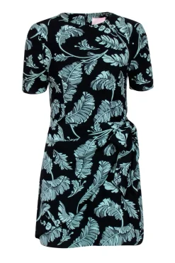 Cinq a Sept - Black & Green Leaf Print Short Sleeve Sheath Dress w/ Wrap Sz 2