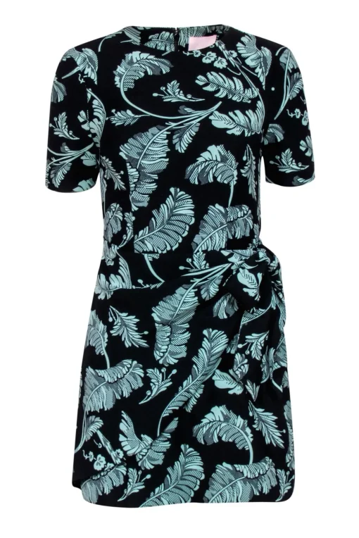 Cinq a Sept - Black & Green Leaf Print Short Sleeve Sheath Dress w/ Wrap Sz 2