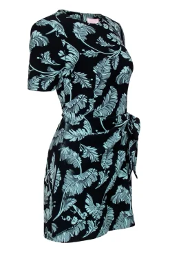 Cinq a Sept - Black & Green Leaf Print Short Sleeve Sheath Dress w/ Wrap Sz 2