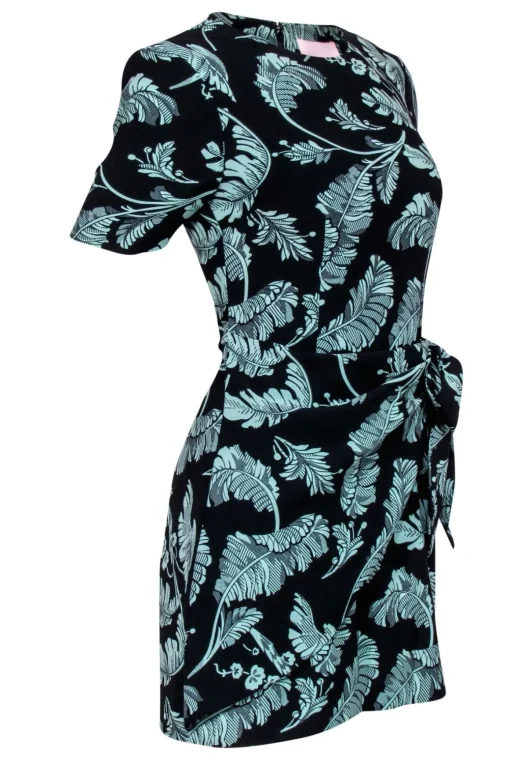 Cinq a Sept - Black & Green Leaf Print Short Sleeve Sheath Dress w/ Wrap Sz 2