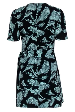 Cinq a Sept - Black & Green Leaf Print Short Sleeve Sheath Dress w/ Wrap Sz 2