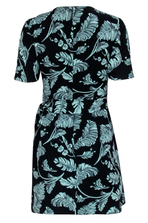 Cinq a Sept - Black & Green Leaf Print Short Sleeve Sheath Dress w/ Wrap Sz 2