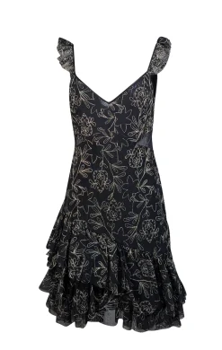 Cinq a Sept - Black Ruffled Tulle Mini Dress w/ Metallic Embroidery Sz 10