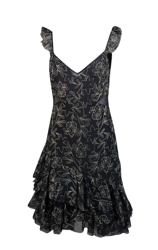 Cinq a Sept - Black Ruffled Tulle Mini Dress w/ Metallic Embroidery Sz 10