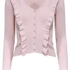 Cinq a Sept - Light Pink V-Neckline Ruffled Trim Ribbed Top Sz S