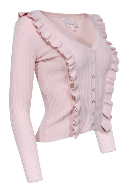 Cinq a Sept - Light Pink V-Neckline Ruffled Trim Ribbed Top Sz S