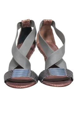 Claudia Ciuti - Rose Gold & grey Snakeskin Textured strappy Sandals Sz 6.5