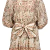 Cleobella - Beige, Pink & Green Floral Print Balloon Sleeve Belted Dress Sz M