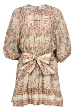 Cleobella - Beige, Pink & Green Floral Print Balloon Sleeve Belted Dress Sz M