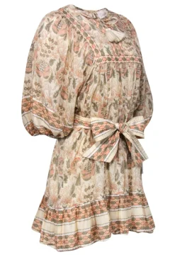 Cleobella - Beige, Pink & Green Floral Print Balloon Sleeve Belted Dress Sz M