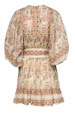 Cleobella - Beige, Pink & Green Floral Print Balloon Sleeve Belted Dress Sz M