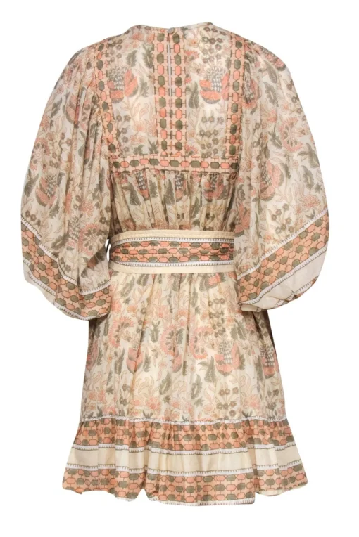 Cleobella - Beige, Pink & Green Floral Print Balloon Sleeve Belted Dress Sz M