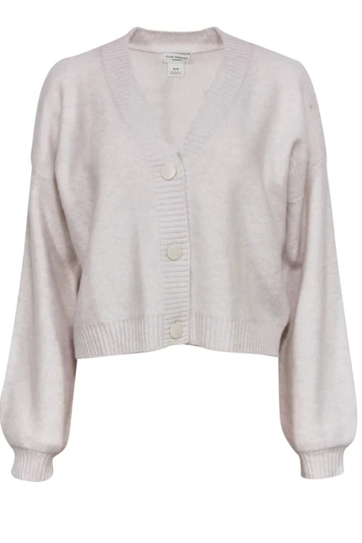 Club Monaco - Light Grey Cashmere Button-Up Cropped Balloon Sleeve Cardigan Sz M