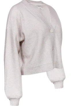 Club Monaco - Light Grey Cashmere Button-Up Cropped Balloon Sleeve Cardigan Sz M