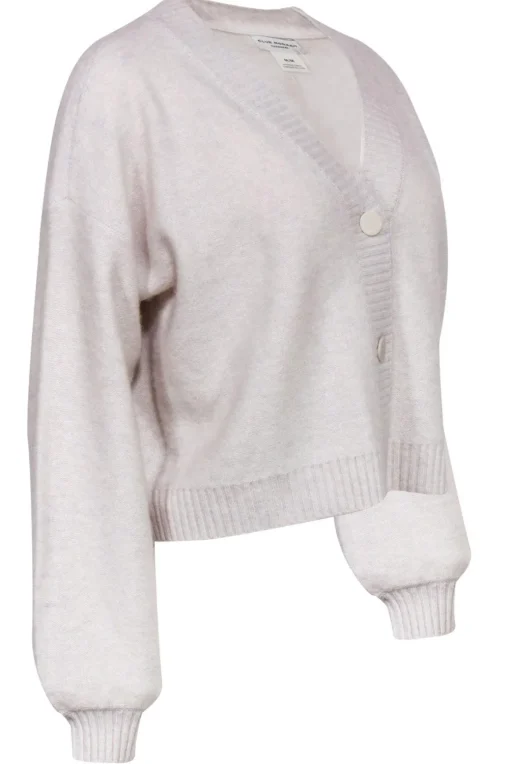 Club Monaco - Light Grey Cashmere Button-Up Cropped Balloon Sleeve Cardigan Sz M