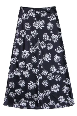 Club Monaco - Satin Eggplant Maxi Skirt w/ White Rose Print Sz 0