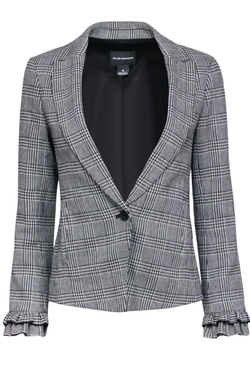 Club Monaco - White & Black Plaid Ruffled Blazer Sz 00