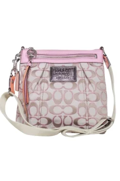 Coach - Beige & Pink Poppy Logo Canvas Crossbody Bag