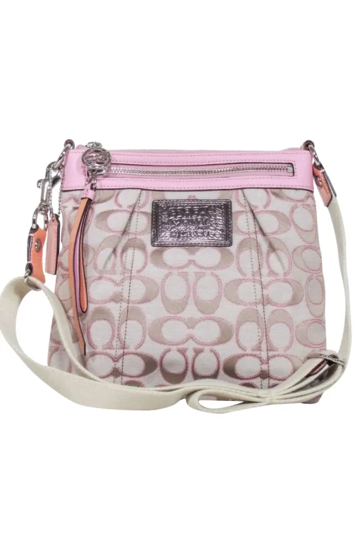 Coach - Beige & Pink Poppy Logo Canvas Crossbody Bag