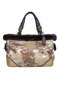 Coach - Beige Dragon Chinoiseries Satin Handbag w/ Mink Fur Trim