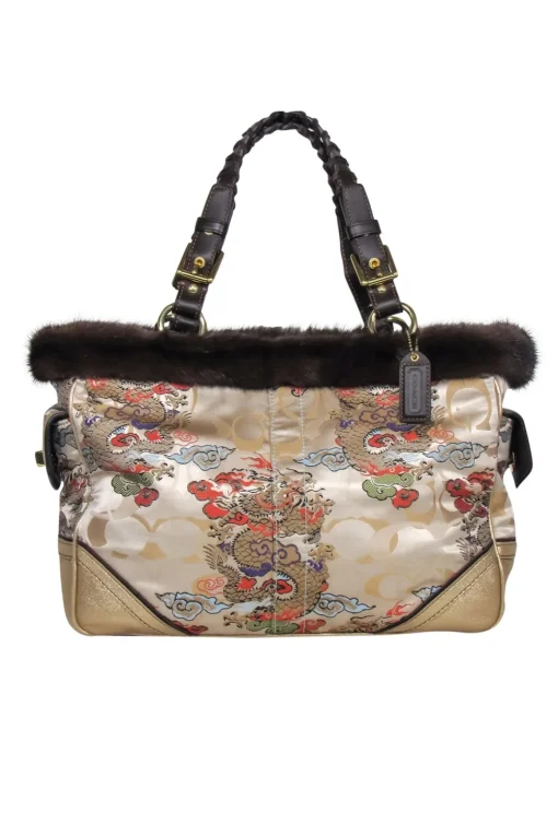 Coach - Beige Dragon Chinoiseries Satin Handbag w/ Mink Fur Trim