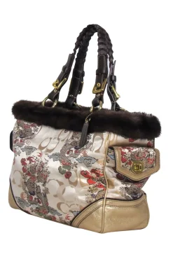 Coach - Beige Dragon Chinoiseries Satin Handbag w/ Mink Fur Trim