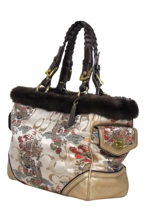 Coach - Beige Dragon Chinoiseries Satin Handbag w/ Mink Fur Trim