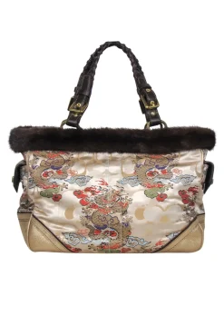Coach - Beige Dragon Chinoiseries Satin Handbag w/ Mink Fur Trim
