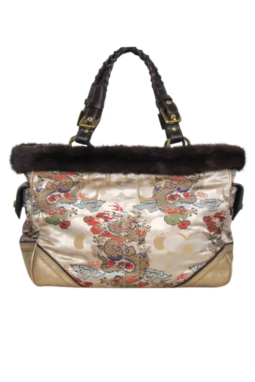 Coach - Beige Dragon Chinoiseries Satin Handbag w/ Mink Fur Trim