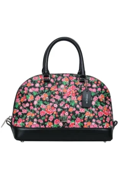 Coach - Black & Pink Floral Mini Bowler-Style Pebbled Leather Handbag