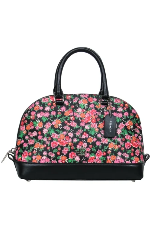 Coach - Black & Pink Floral Mini Bowler-Style Pebbled Leather Handbag