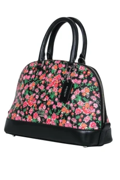 Coach - Black & Pink Floral Mini Bowler-Style Pebbled Leather Handbag