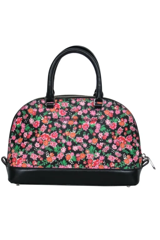 Coach - Black & Pink Floral Mini Bowler-Style Pebbled Leather Handbag