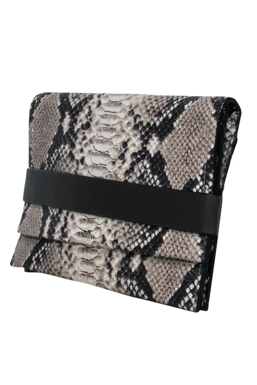 Coach - Black & Tan Snakeskin Foldover Clutch