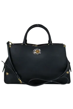 Coach - Black Leather Convertible Structured "Mason" Satchel w/ Snakeskin Trim