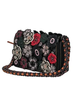 Coach - Black Leather Convertible Shoulder Bag w/ Leather Flowers & Beading