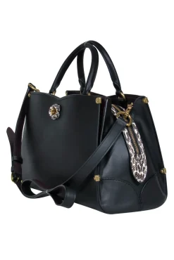 Coach - Black Leather Convertible Structured "Mason" Satchel w/ Snakeskin Trim