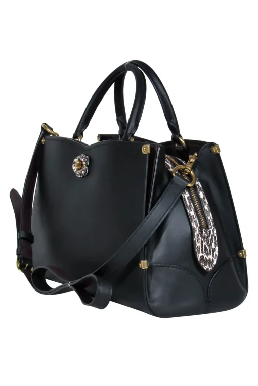 Coach - Black Leather Convertible Structured "Mason" Satchel w/ Snakeskin Trim