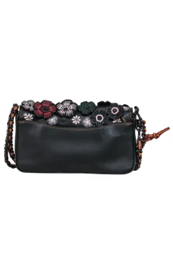 Coach - Black Leather Convertible Shoulder Bag w/ Leather Flowers & Beading