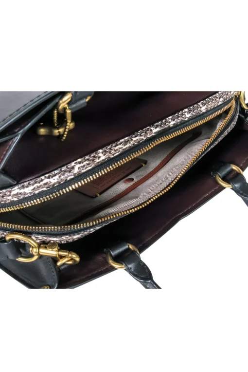 Coach - Black Leather Convertible Structured "Mason" Satchel w/ Snakeskin Trim