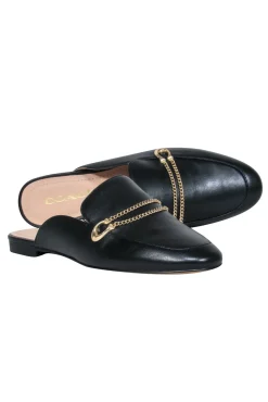Coach - Black Leather Mule Loafer w/ Gold Logo Chain Sz 6.5
