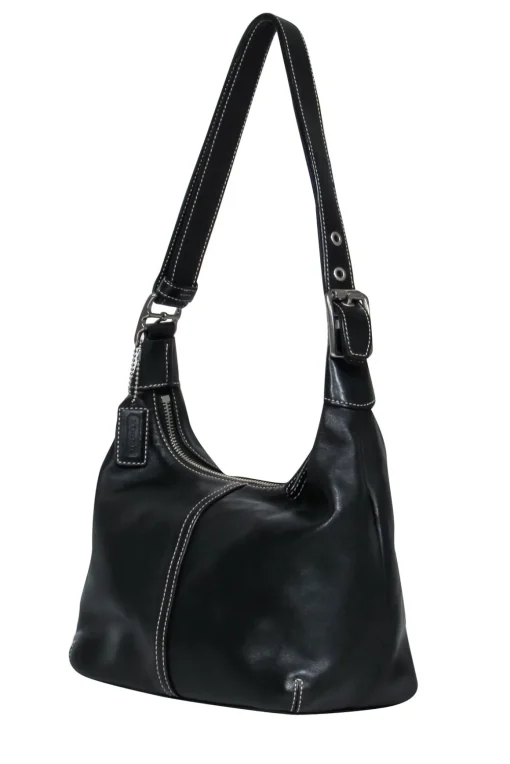 Coach - Black Leather Shoulder Bag w/ White Stitching
